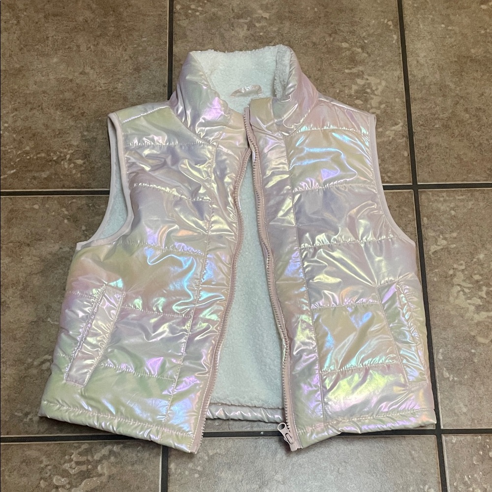 Girls Iridescent Puffer Vest - Light Pink/Metallic